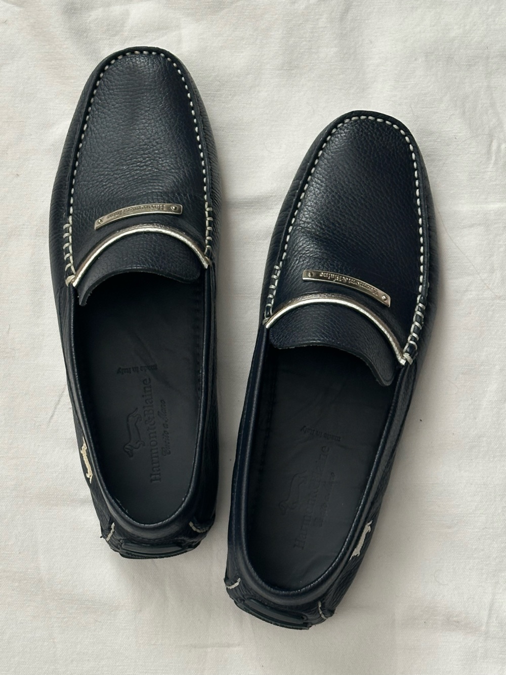 Harmont & Blaine Blue Pebbled Leather Moccasin Loafers with Silver Hardware
